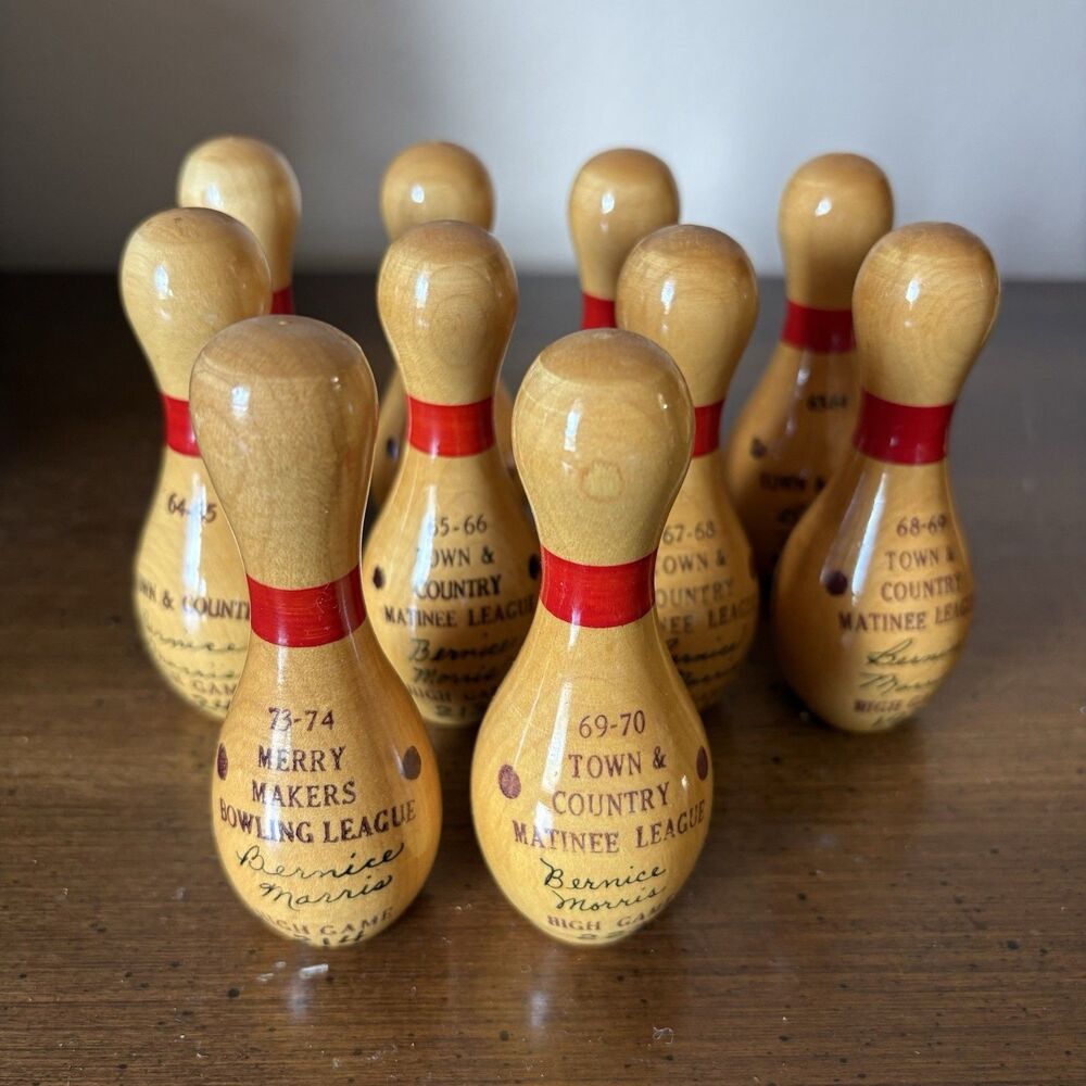 Vintage Wooden Mini Bowling Trophy Pin (10) 1960-1974 League Award Wall Plaque